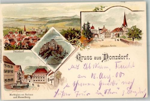 73072 W7322 Donzdorf 1900 Lithographie Schloss Kirche Scharfenschloss Marktplatz Rathaus