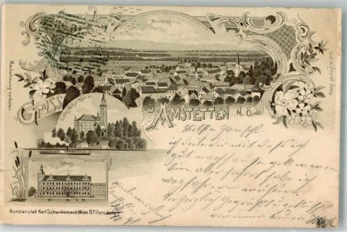 3300 Amstetten 1898 Lithographie Schloss Wallsee Rathaus