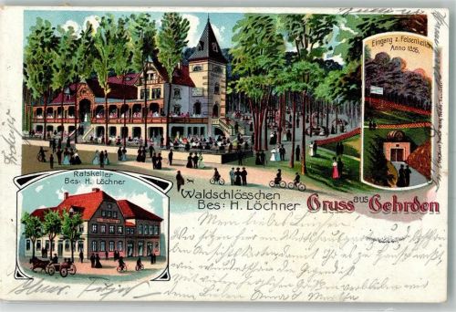 30989 W3007 Gehrden , Han 1903 Lithographie Gasthaus Ratskeller Gasthaus Waldschlößchen Felsenkeller-Eingang