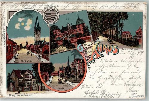 Ahaus 1899 Stadtwappen Marktplatz Markt Kgl. Landratsamt Schloß Bahnhofstraße