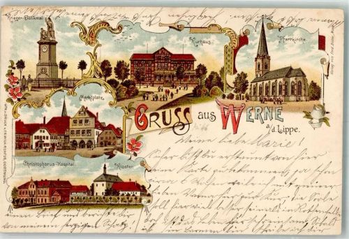 59368 W4712 Werne Lithographie Kriegerdenkmal Christophorus-Krankenhaus Pfarrkirche Kurhaus Kloster