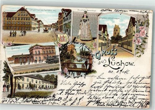 Lüchow 1899 Bahnpost Salzwedel Lüchow Zug 728 25.1.99 Marktplatz Burgstraße m. Schlossruine Bahnhof