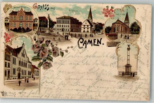 Kamen 1899 Krankenhaus Amtsgericht Rathaus Ev. Kirche Bahnpost Köln-Hannover Zg. 203 Verlag Ottmar Zieher-München