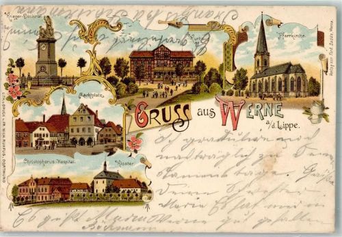 Werne 1898 Kriegerdenkmal Christophorus-Krankenhaus Pfarrkirche Kurhaus Kloster seltene Lithographie