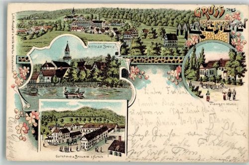 89518 W7920 Mergelstetten 1908 Lithographie An der Brenz Gasthaus-Brauerei zum Hirsch Wangen-Mühle beschnitten