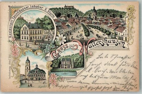 99880 O5812 Waltershausen , Thür 1899 Lithographie Gasthaus Tannhäuser Schloß Rheihardsbrunn Stadtkirche