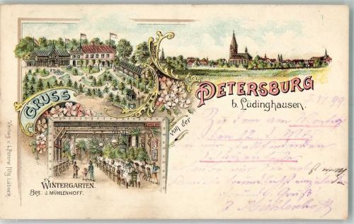 Lüdinghausen 1899 Gasthaus Etablissement Petersburg Wintergarten seltene Lithographie 1899