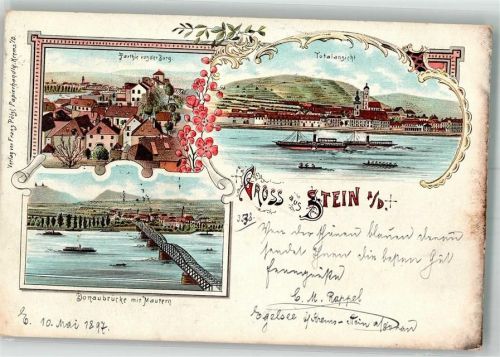 Stein 1897 Donaubrücke m. Mautern Blick v.d. Burg
