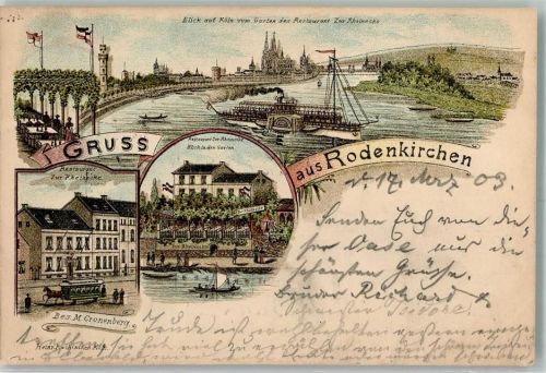 26935 W2883 Rodenkirchen , Kr Wesermarsch 1903 Lithographie Rhein Rheinraddampfer Gasthaus Zur Rheinbrücke