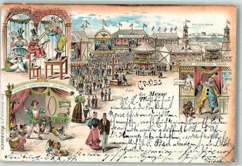 W7800 Freiburg im Breisgau Gruss aus Messe Volksfest Karussell Hundetheater Clown Rutschbahn Ort lt. Stempel Jahrmarkt 1897 Lithographie / Künstlerkarte