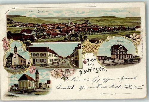 73450 W7925 Dischingen Lithographie Bahnhof Pfarrkirche Nothelfer-Kapelle Dorfstraße