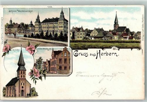 59387 W4715 Herbern , Kr Lüdinghausen 1898 Lithographie Schloß Westerwinkel Kirche Hotel Westhues seltene Lithographie