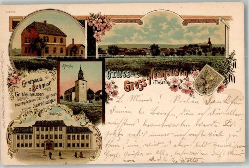 99625 O5231 Großneuhausen 1898 Lithographie Gasthaus zum Bahnhof Schloss Kirche Wappen