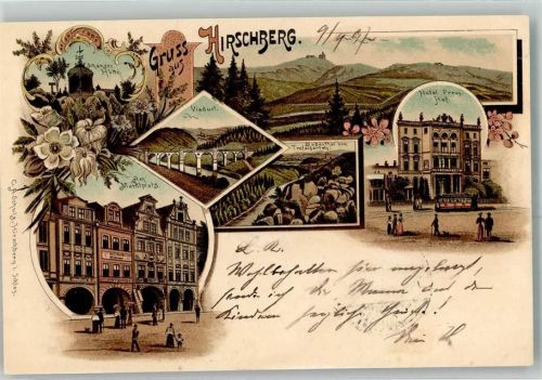 Doksy Hirschberg 1897 Lithographie Am Marktplatz Hotel Preuß. Hof Viadukt Schanzen Höhe