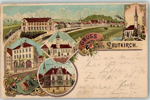 88299 W7970 Leutkirch im Allgäu 1907 Lithographie Post Rathaus Dreifaligkeits-Kirche Kirche St. Martin