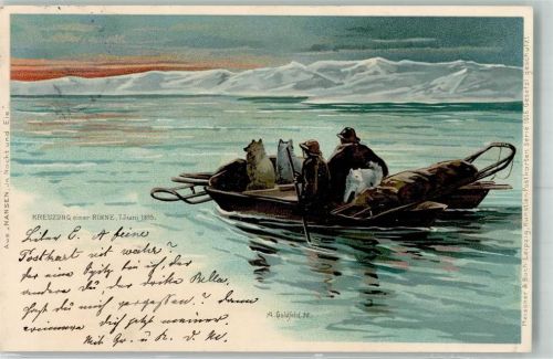 Expedition Nansen in Nacht und Eis Kreuzung einer Rinne Polarhunde Boot Expedition Nordpol 1899 Lithographie / Künstlerkarte