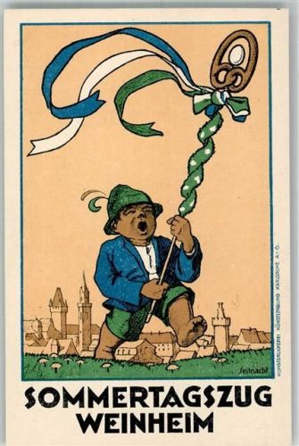 Weinheim Sommertagszug sign. Seilnacht Festkarte Kunstgeschichte
