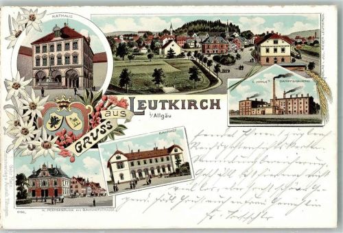 88299 W7970 Leutkirch im Allgäu 1898 Lithographie Wappen Dampfbrauerei Härle Postgebäude Bahnhof Rathaus Rathausbrunnen