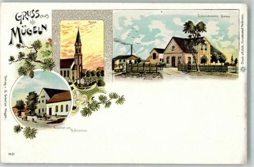 04769 O7263 Mügeln b Oschatz Lithographie Gasthaus Schulze Kirche Schneidemühle Bamm