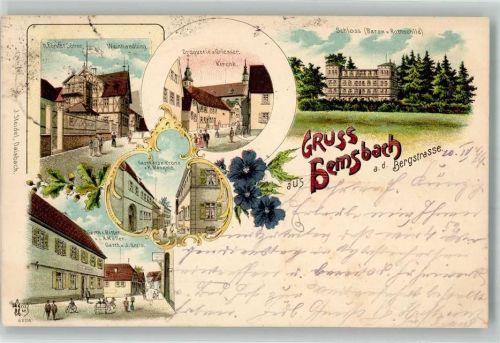 69502 W6944 Hemsbach , Bergstr 1899 Lithographie Schloß Rothschild Gasthaus zum Ritter Gasthaus zur Krone Bahnpost Frankfurt- Zug 75