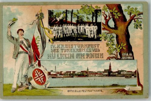 50667 W5000 Köln Mülheim 901 1909 Lithographie IV. Kreisturnfest d. Turnkreises VII b 1909 Turner Wappen Fahne Eiche