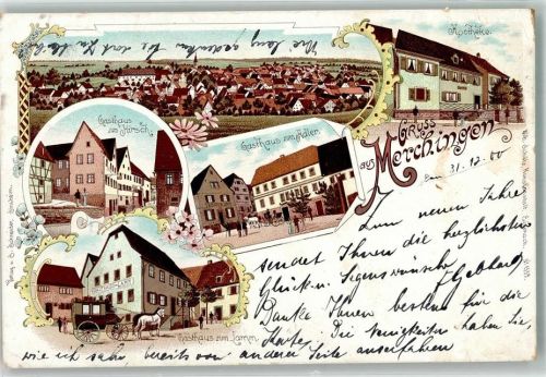 Merchingen 1901 Gasthaus zum Hirsch Gasthaus zum Lamm Postkutsche Gasthaus zum Adler Apotheke