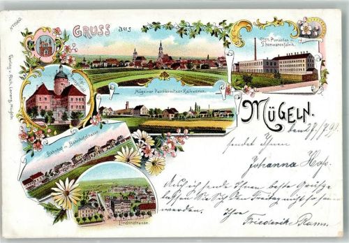 04769 O7263 Mügeln b Oschatz 1899 Lithographie Bahnhof Lindenstraße Porzellan-Fabrik Kgl. Amtsgericht Mügelner Kalkwerke