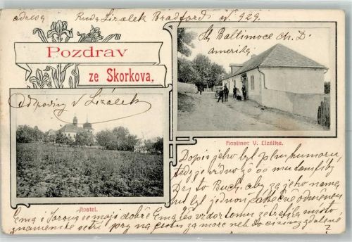 Skorkov Skorkau 1907 - Kirche Gasthaus