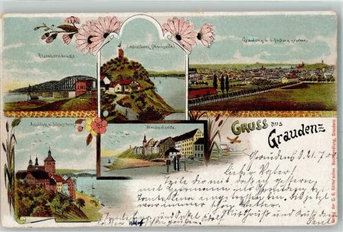 Graudenz 1900 Eisenbahnbrücke Schlossberg Weichselseite