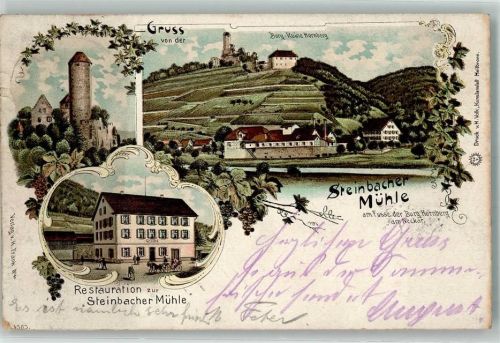 74865 W6951 Neckarzimmern Lithographie Burgruine Hornberg Gasthaus zur Steinbacher Mühle Burgfried Bahnpoststempel