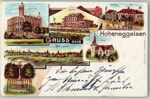 31185 W3201 Hoheneggelsen 1899 Lithographie Schloß Bahnhof Apotheke Post Kriegerdenkmal