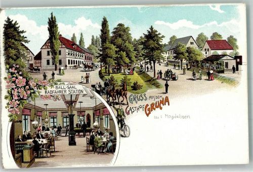 04741 O7301 Grunau b Döbeln Lithographie Radfahrer Station Ballsaal Fahradfahrer Kutsche