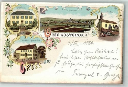 69518 W6941 Ober-Abtsteinach 1899 Lithographie Pfarrhaus Kirche Gasthaus zum goldenen Bock