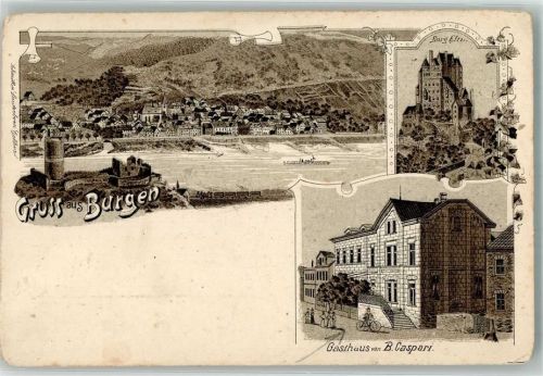 56332 W5401 Burgen , Mosel 1904 Lithographie Mosel Burg Etlz Gasthaus Caspari