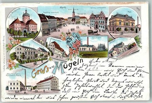 04769 O7263 Mügeln b Oschatz 1899 Lithographie Schuhwaren-Fabrik Porzellan-Fabrik Schützenhaus Gasanstalt Kgl. Amtsgericht