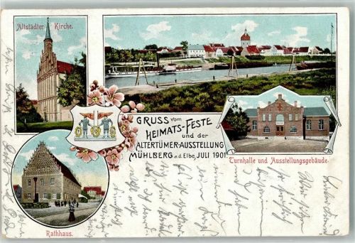 Mühlberg 1901 Heimat-Fest u, Altertümer-Ausstellung 1901 Altstädter Kirche Rathaus Turnhalle Ausstellungsgebäude