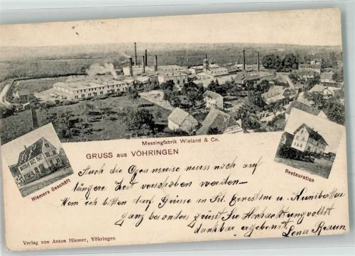 72189 W7243 Vöhringen , Württ 1906 - Messingfabrik Wieland & Co. Geschäft Hiemer Gasthaus