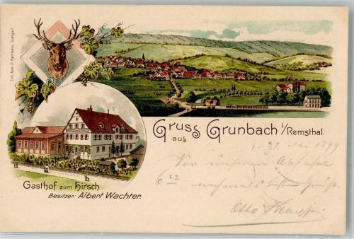 73630 W7064 Grunbach , Rems 1899 Lithographie Hirschkopf Gasthaus zum Hirsch