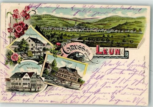 35638 W6337 Leun , Lahn 1905 Lithographie Postkutsche Gasthaus Piscolor Villa Emilie