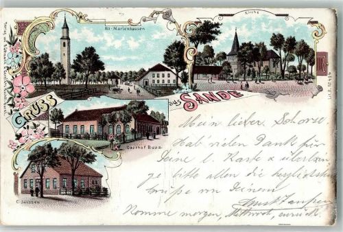 Sande 1898 Kirche Haus Janssen Gasthaus Buss Bahnpost Emden-Wilhelmshaven Zg. 85