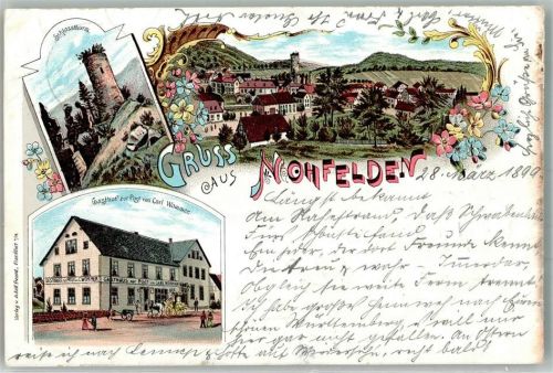 66625 W6697 Nohfelden 1899 Lithographie Schloßturm Gasthaus zur Post