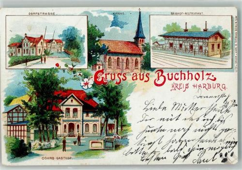 21244 W2110 Buchholz in der Nordheide 1901 Lithographie Dorfstraße Gasthaus Cohrs Bahnhof-Gasthaus