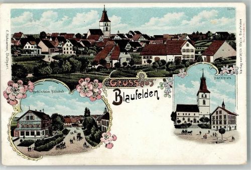 74572 W7186 Blaufelden 1903 Lithographie Marktplatz Am Bahnhof