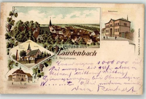 69514 W6947 Laudenbach , Bergstr 1898 Lithographie Rathaus Schule Kriegerdenkmal Bahnpost Zug 83