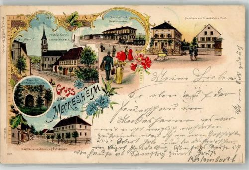 Meckesheim 1900 Gasthaus zum Löwen St. Martins-Kirchenruine Bahnhof Gasthaus zur Eisenbahn Post