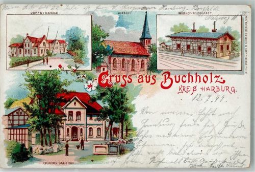 21244 W2110 Buchholz in der Nordheide 1899 Lithographie Bahnhof-Gasthaus Gasthaus Cohr Kirche Dorfstraße