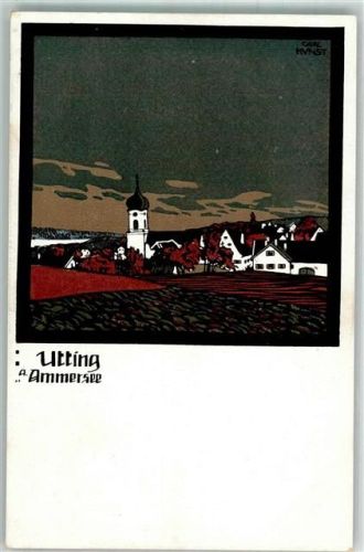 86919 W8919 Utting a. Ammersee Lithographie Kirche Maria Heimsuchung sign. Carl Kunst