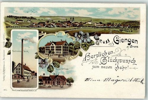 Giengen 1900 Elektizitätswerk Kleinkinder-Schule Neubau Neujahreskarte