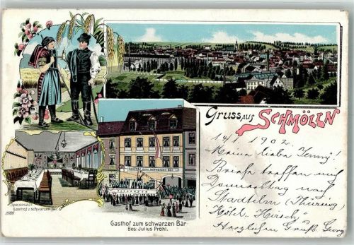 04626 O7420 Schmölln , Thür 1902 Lithographie Gasthaus zum schwarzen Bär Gaststube Schmöllmer Bauern-Trachtenpaar