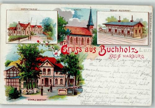 21244 W2110 Buchholz in der Nordheide 1901 Lithographie Dorfstraße Gasthaus Cohrs Bahnhof-Gasthaus